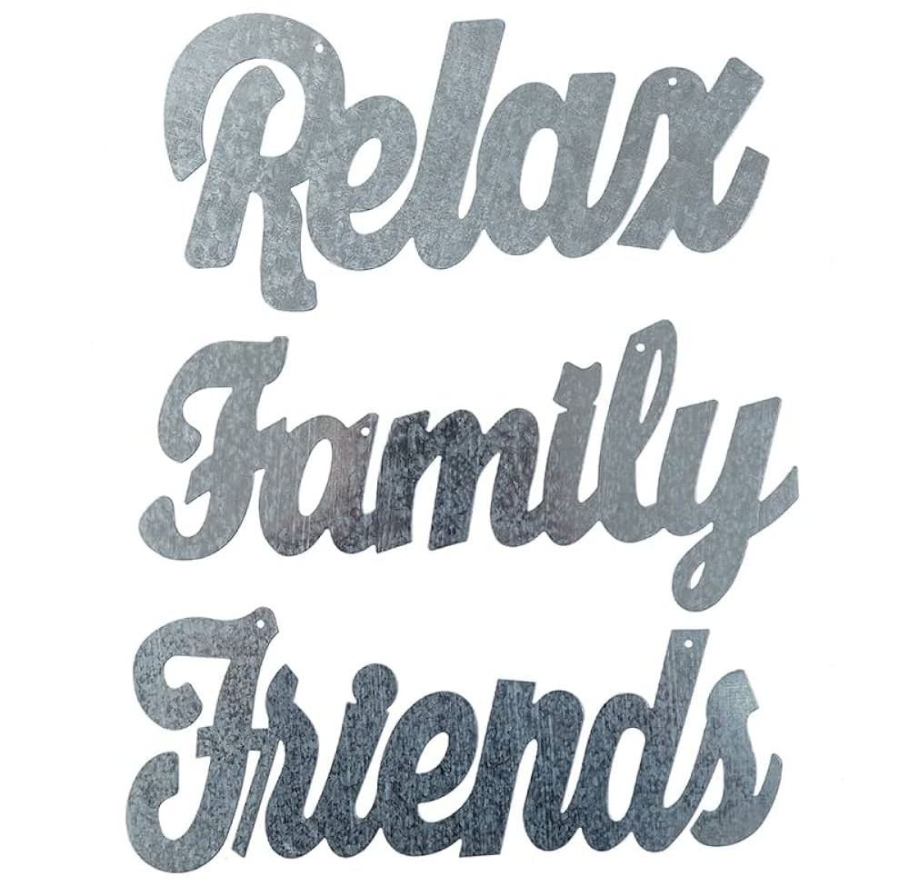 Galvanized Metal Family Friends Relax Word Signs Wall Decor, Cursive Metal Cutout Letters for Wall Signs Home Office Living Room