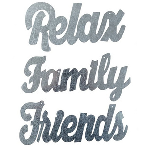 Galvanized Metal Family Friends Relax Word Signs Wall Decor, Cursive Metal Cutout Letters for Wall Signs Home Office Living Room