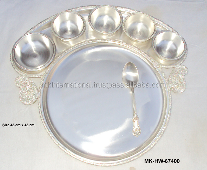 Traditional Brass Bhojan Thal Traditional Indian Dinner Set With Silver Finishing Brass Metal Design Serving Plate