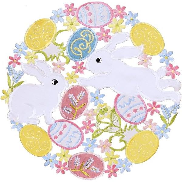 Glass Beaded Table Runner Embroidered Bunny and Colorful Eggs Round Doily Easter Holiday or Spring Season  at Discounted Price