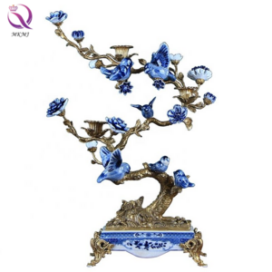 European luxury retro home decoration blue and white porcelain candle holder three cup bird candlestick holder