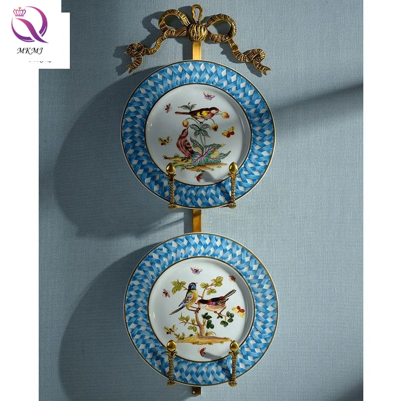 Hotel living room ceramic disc wall pendant American blue and white hand-painted flower and bird hanging plate decorations