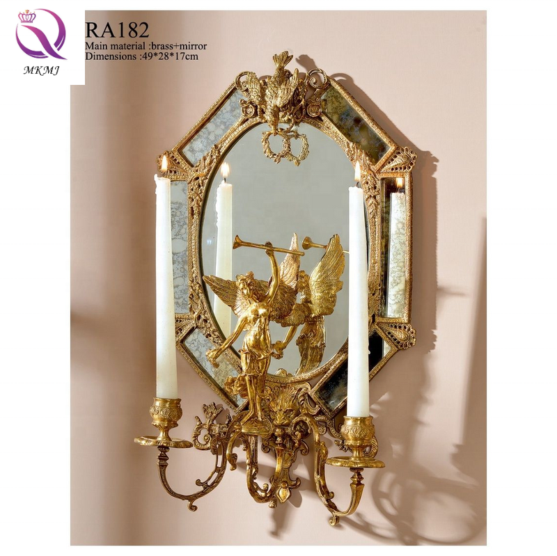 European French household wall decorations luxury ceramic with Bronze oval hanging angel mirror with 2 arms candlestick holder