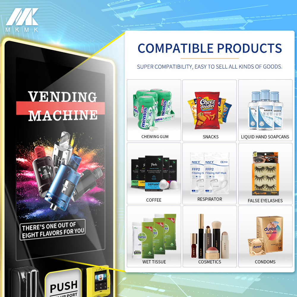 Wall-mounted tabletop 24-hour touch screen vending machine with age verification cashless transaction accepts customization