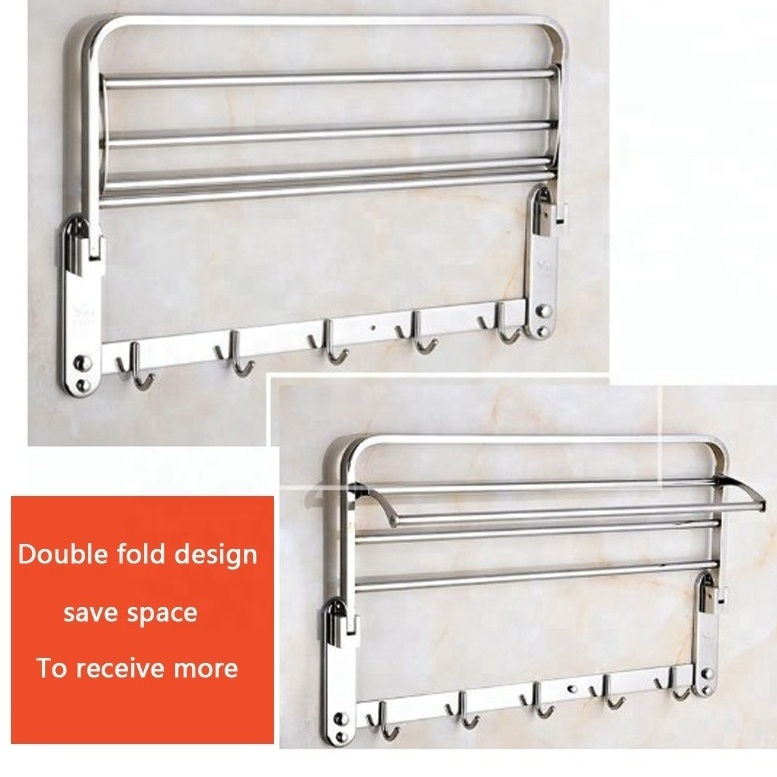 Bath fittings 304 stainless steel folding towel shelf bathroom modern wall mounted towel racks with hook