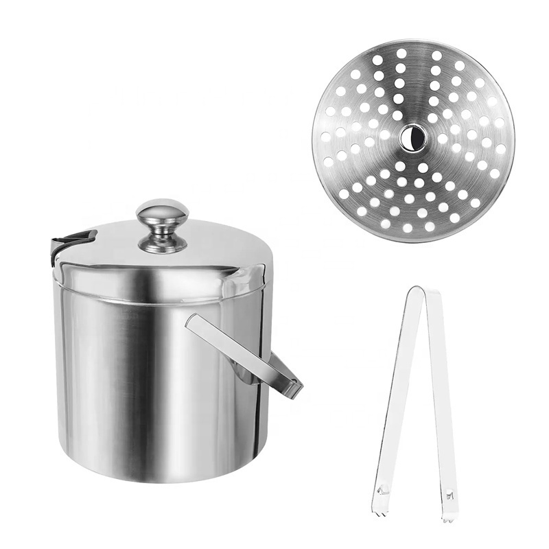 Factory Custom Small Double Wall Insulated Metal Stainless Steel Wine Beer Transparent Ice Bucket With Lid Tongs Silver 1.2L