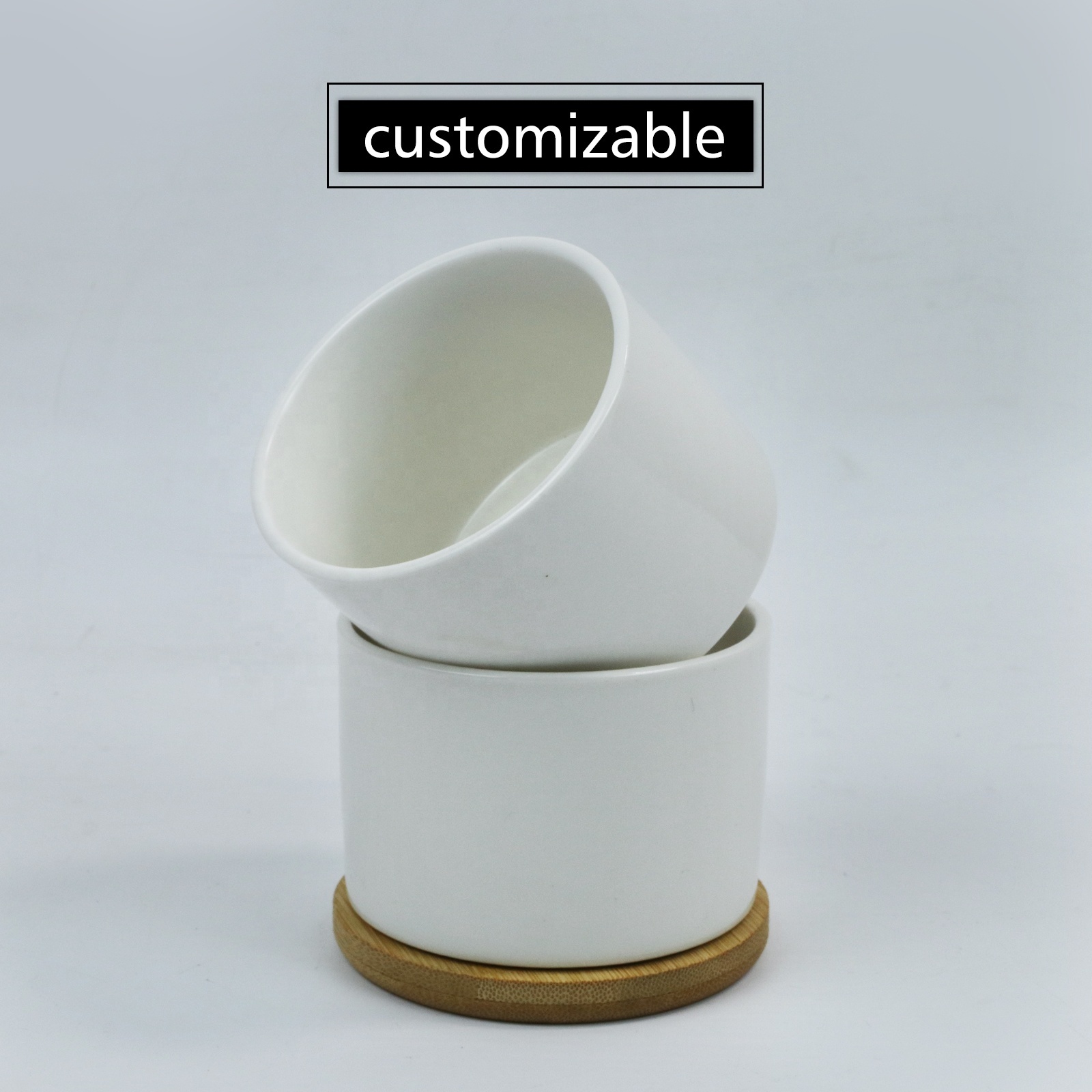 Wholesale Sublimation Blank Coated Custom Succulent Planter Ceramic Flower Planter Pot with Bamboo Tray Desk Flowerpot in Bulk