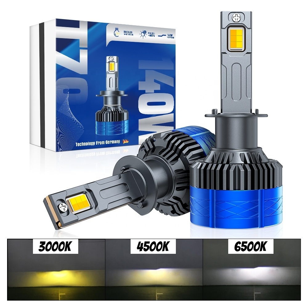 Xenplus T70 Tricolors 140W 30000LM Auto Lighting System H1 H3 H4 H7 H11 9005 9006 9012 Tricolors LED Headlight Bulb