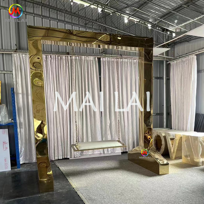 Gold Stainless Steel Arch Wedding Backdrop With Swing