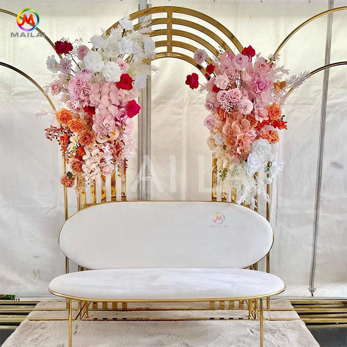 Factory wholesale party rental white and gold stainless steel frame wedding sofa for bride and groom