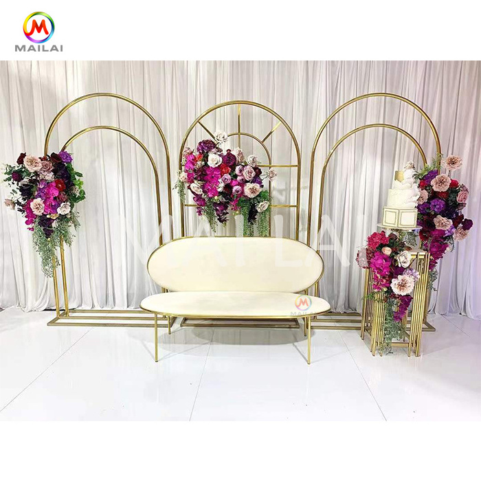 Factory wholesale party rental white and gold stainless steel frame wedding sofa for bride and groom