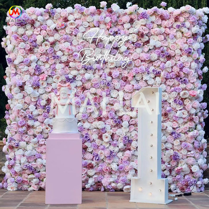 3d Roll Up Floral Wall 8*8 ft Artificial Silk Flower Purple Wedding Decoration Wall Panel Backdrop