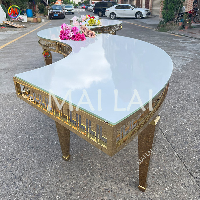 Wedding party popular reception table serpentine S shape white glass half moon dining table for event