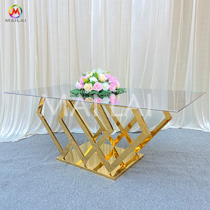 Factory sale royal stainless steel table event decoration glass dining table wedding table