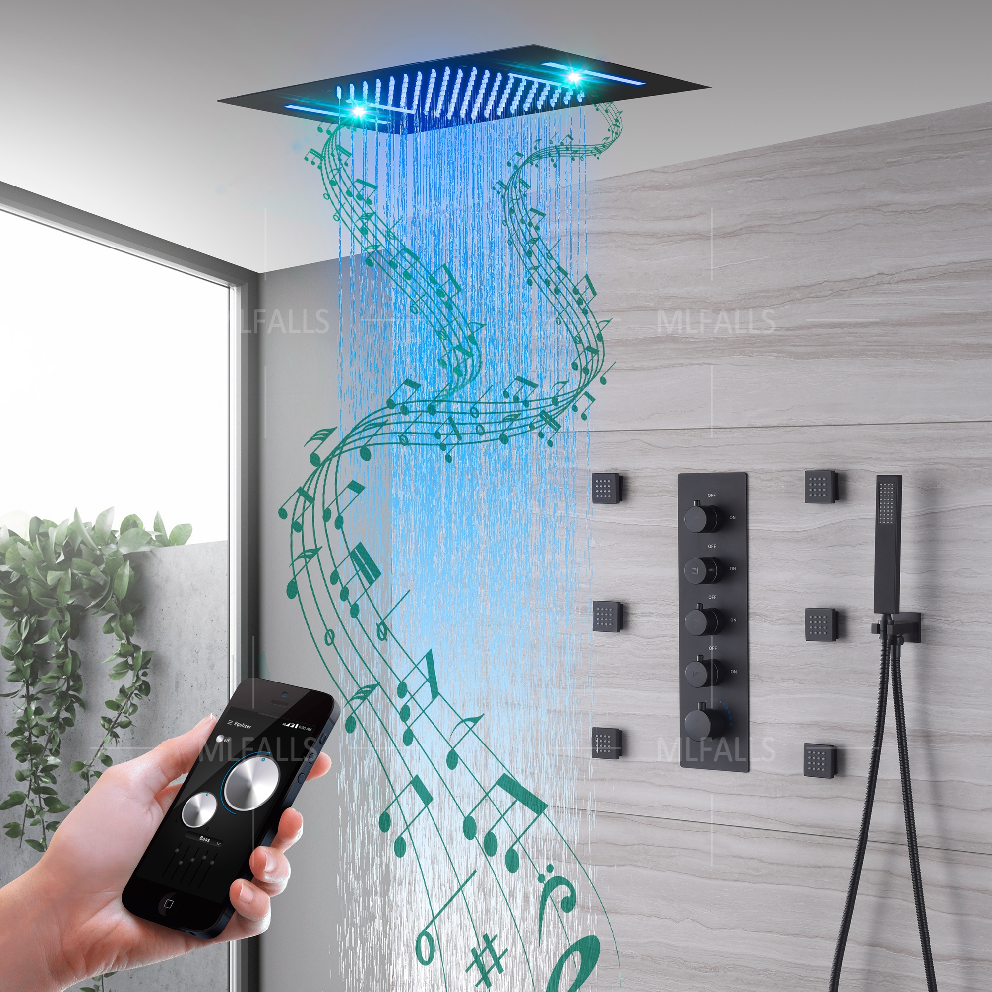 Bathroom led rainfall shower set 380*580mm embed ceiling rain showerhead set thermostatic diverter valve with massage body jets