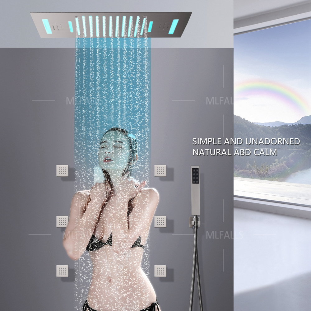 NEW Luxury LED Thermostatic Shower Set Nickel Brushed Ceiling Rainfall Waterfall SPA mist Bathroom Shower Faucet