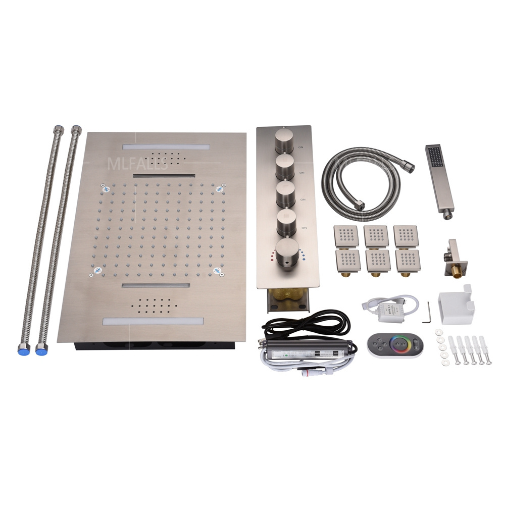 NEW Luxury LED Thermostatic Shower Set Nickel Brushed Ceiling Rainfall Waterfall SPA mist Bathroom Shower Faucet