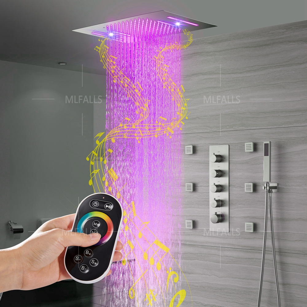 NEW Luxury LED Thermostatic Shower Set Nickel Brushed Ceiling Rainfall Waterfall SPA mist Bathroom Shower Faucet