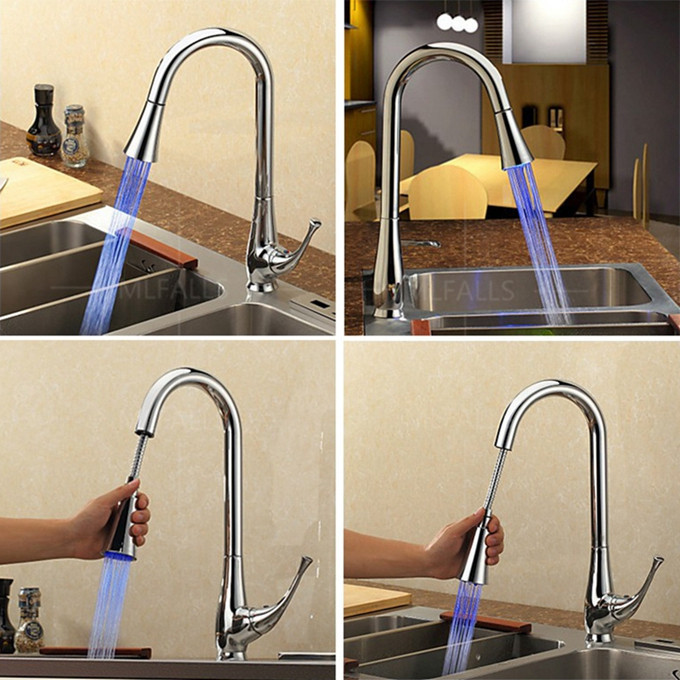 LED Pull-out Spray Kitchen Sink Faucet Tap with Pull Down Swivel sprayer Spout