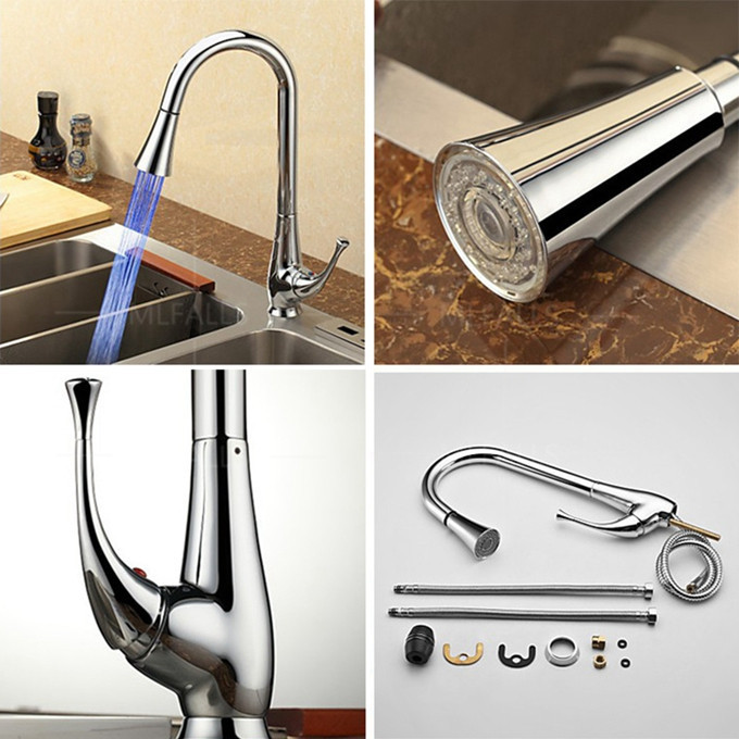 LED Pull-out Spray Kitchen Sink Faucet Tap with Pull Down Swivel sprayer Spout