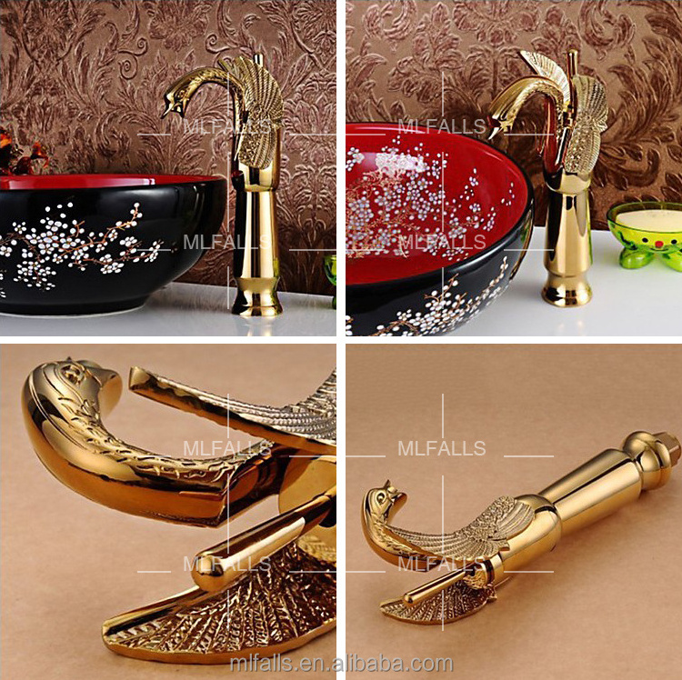 China market Ti-PVD gold deck mount swan neck antique basin faucet