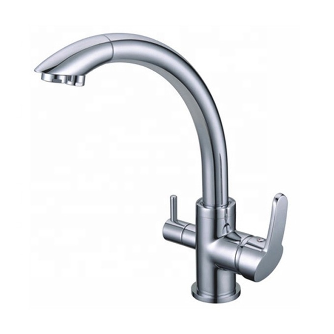 Hot and cold sink pure water faucet copper chrome polished 3 Way kitchen mixer faucet 2 holes drinking water tap