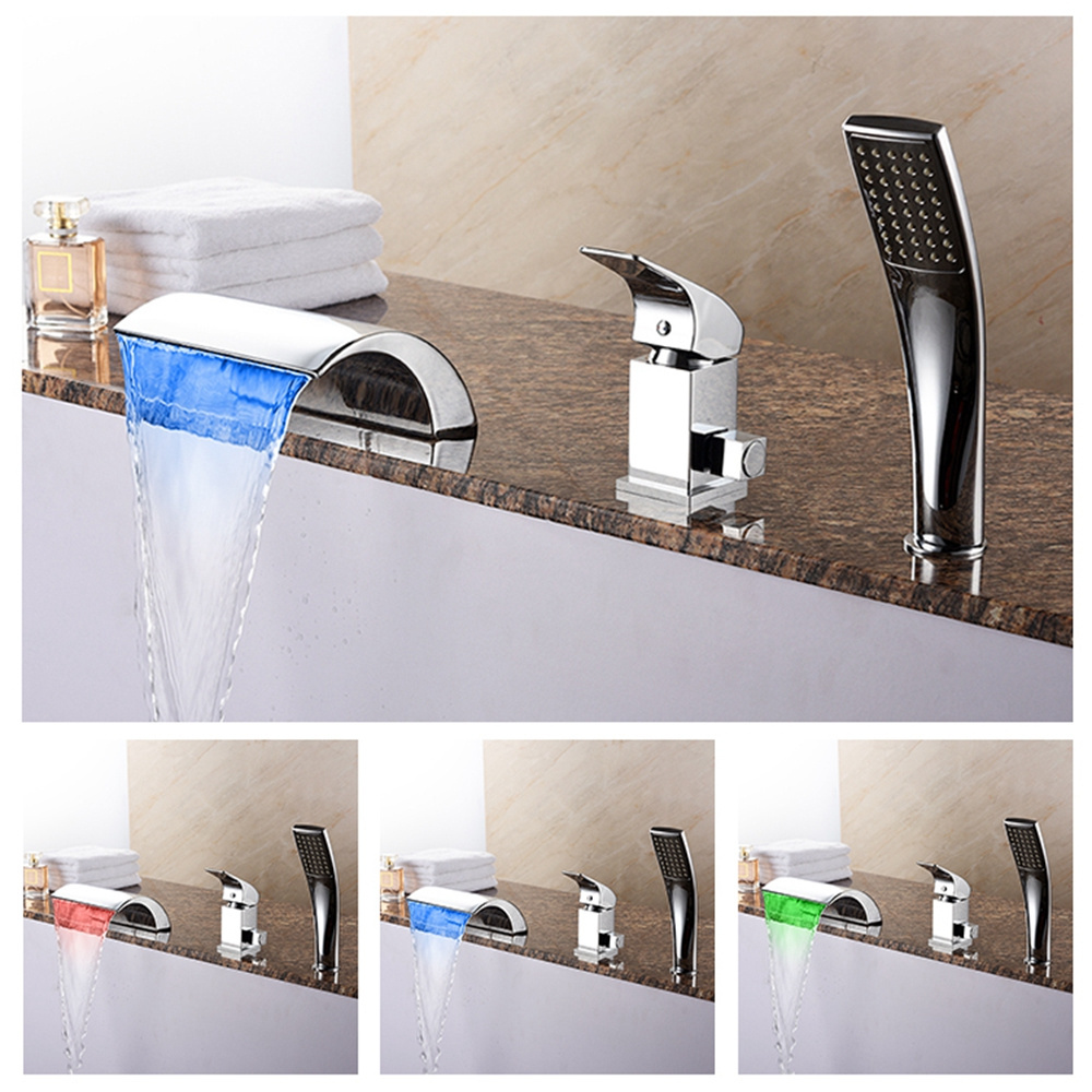 Hot Sale Led Color Conversion 3 Holes Waterfall Spout Deck Mounted Bathtub Shower Faucet