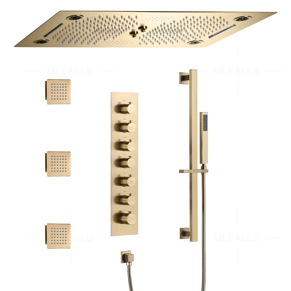 NEW 6 Functions Luxury Bathroom Shower Faucet Brush gold 64 color Wall Mounted Thermostatic Shower Set with Music