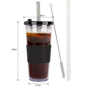 eco-friendly logo printing 700ML double wall plastic reusable bubble tea cup with lid and straw