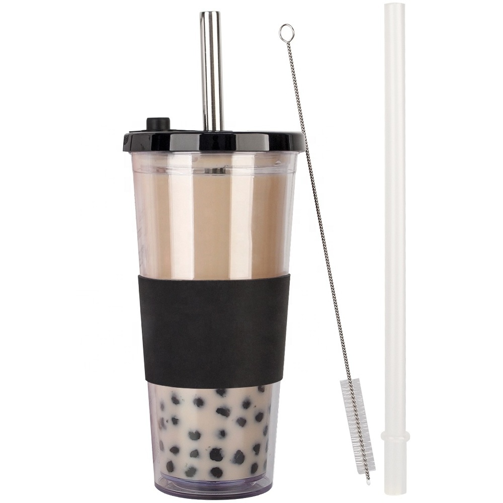 eco-friendly logo printing 700ML double wall plastic reusable bubble tea cup with lid and straw