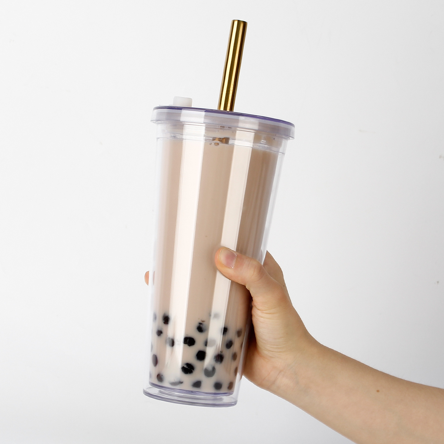 eco-friendly logo printing 700ML double wall plastic reusable bubble tea cup with lid and straw