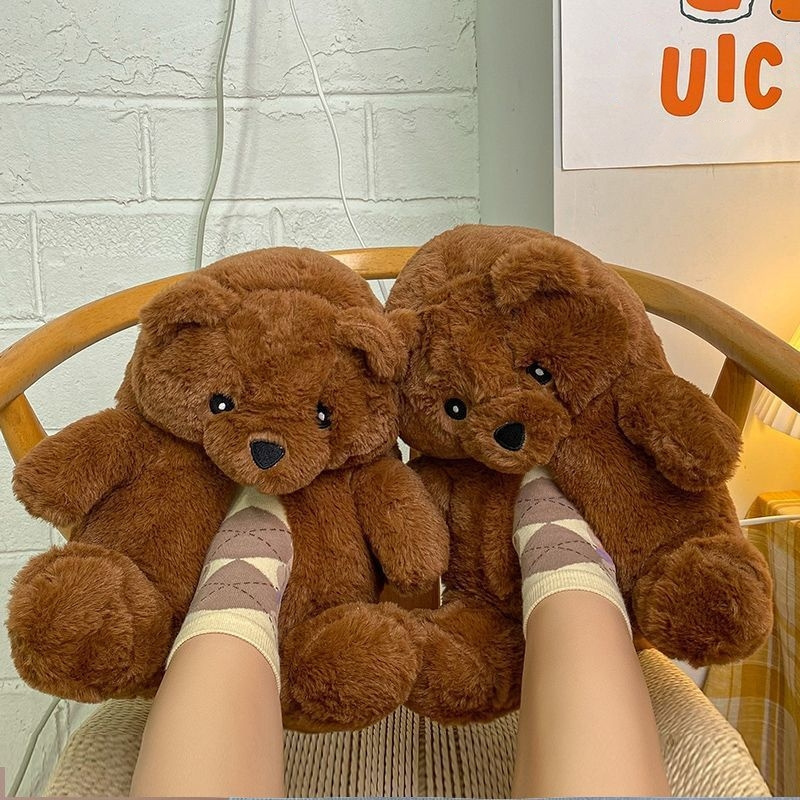 Lovely Winter Warm Fluffy Home Indoor Soft Anti-Slip Faux Fur Cute Plush Teddy Bear Bedroom Ladies Shoes Women's Slippers