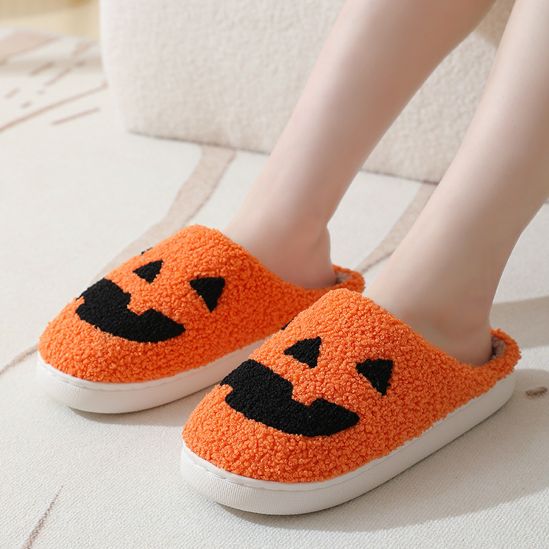 Women's Warm Plush Slides Spooky Slides Lantern House Plush Fuzzy Halloween Pumpkin Home Slippers