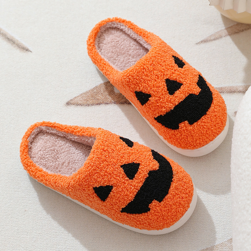 Women's Warm Plush Slides Spooky Slides Lantern House Plush Fuzzy Halloween Pumpkin Home Slippers