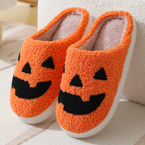 Women's Warm Plush Slides Spooky Slides Lantern House Plush Fuzzy Halloween Pumpkin Home Slippers