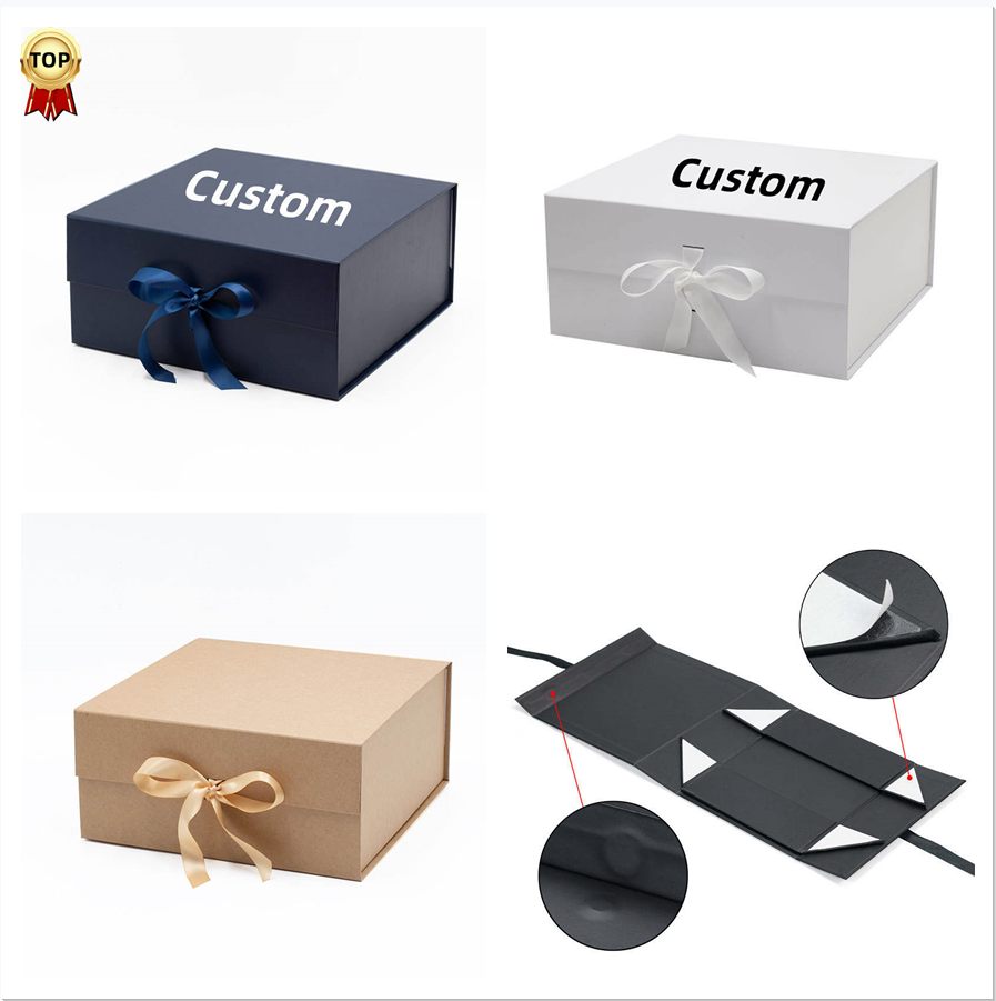 Customize Logo Printed Black Paper Flat Pack Rigid Cardboard Clothing Cosmetic Shoe Foldable Packaging Magnetic Folding Gift Box