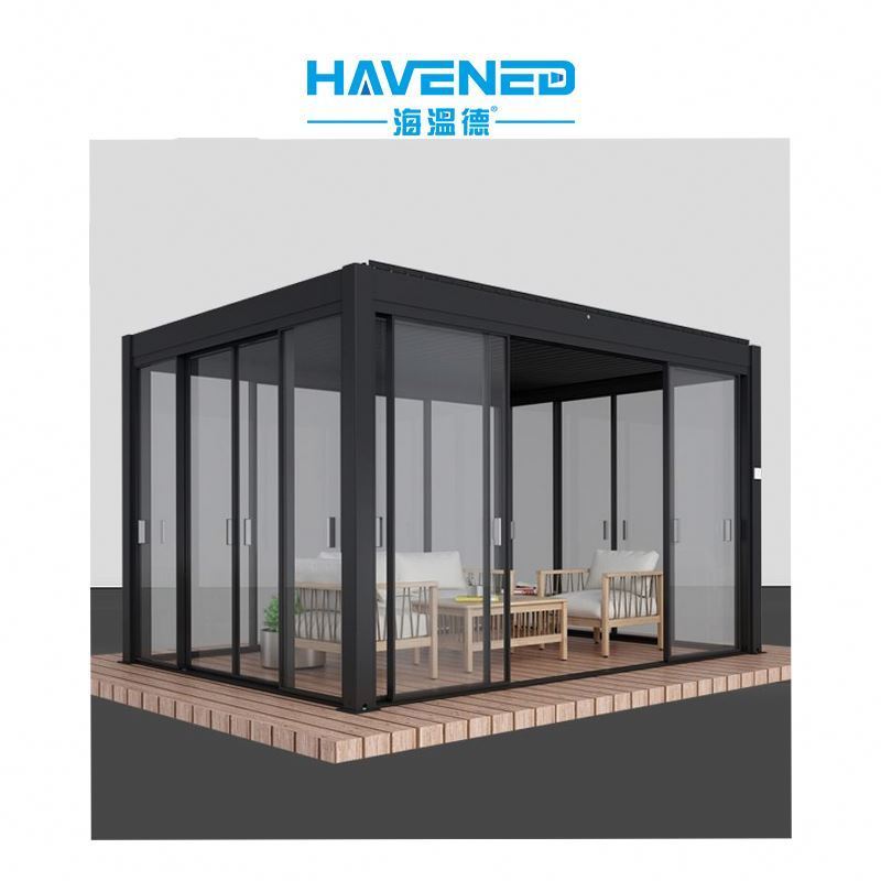 Outdoor Terrace Garden Steel Frame Hard Roof Metal Roof Gazebo With Privacy Curtain Mesh Gazebo