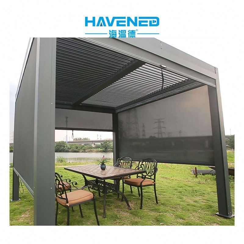 Outdoor Terrace Garden Steel Frame Hard Roof Metal Roof Gazebo With Privacy Curtain Mesh Gazebo