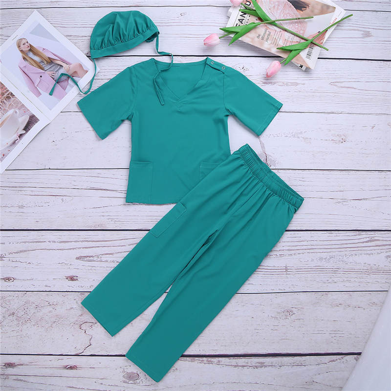 Kids Unisex Two-piece Lab Surgeon Uniform Tops with Pants Set Boys Girls Nurse Doctor Uniform