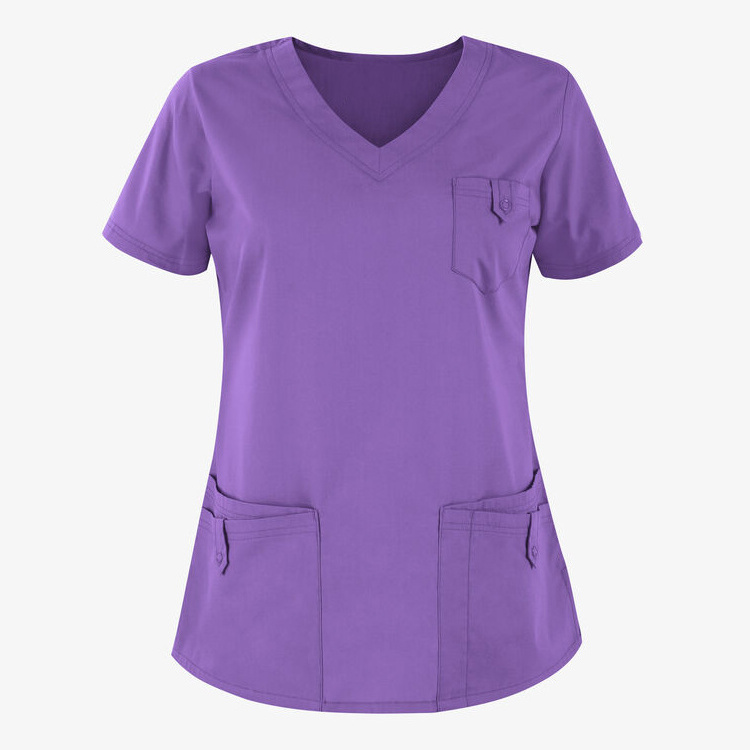 Custom Hospital Scrub Top Suit Clothing Apparel Nurse Medical Scrubs Women's 5-pocket Rounded V-neck Scrub Top