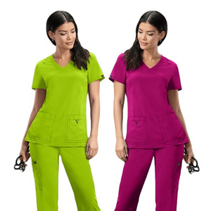 Hot Selling Scrubs Top Sexy Y Neck Pocket Women Scrubs Medical Uniform Hospital Uniforms Women Nursing Tops Uniforms