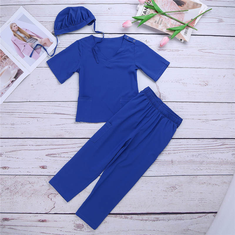 Kids Unisex Two-piece Lab Surgeon Uniform Tops with Pants Set Boys Girls Nurse Doctor Uniform