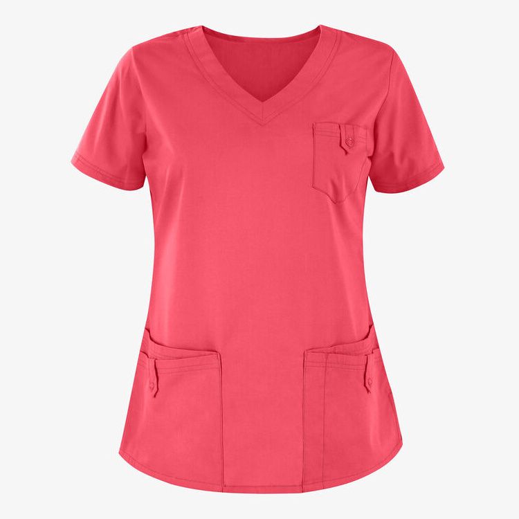 Custom Hospital Scrub Top Suit Clothing Apparel Nurse Medical Scrubs Women's 5-pocket Rounded V-neck Scrub Top