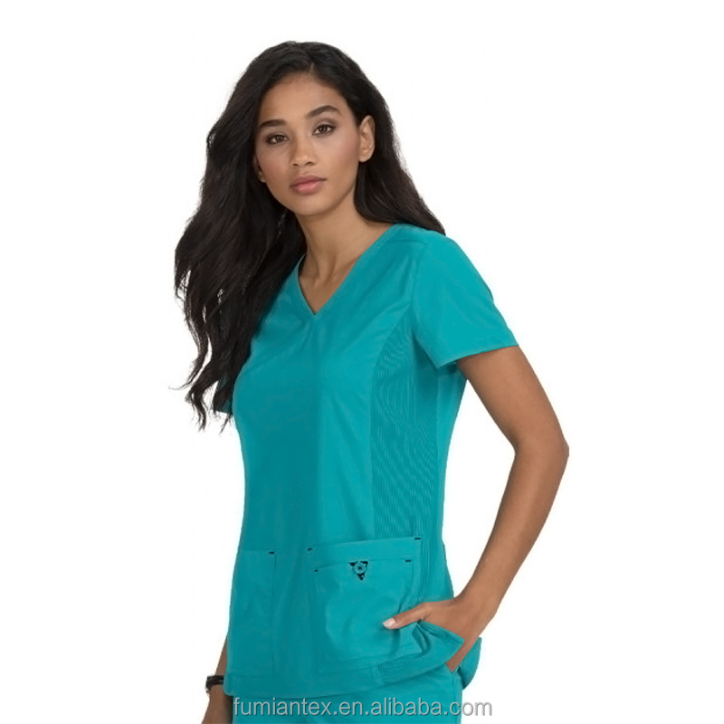 Hot Selling Scrubs Top Sexy Y Neck Pocket Women Scrubs Medical Uniform Hospital Uniforms Women Nursing Tops Uniforms