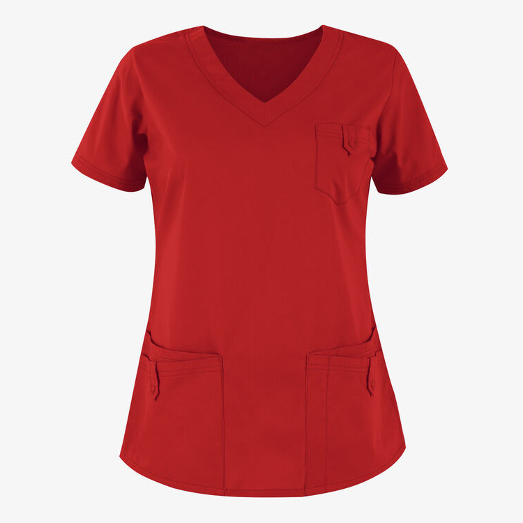 Custom Hospital Scrub Top Suit Clothing Apparel Nurse Medical Scrubs Women's 5-pocket Rounded V-neck Scrub Top