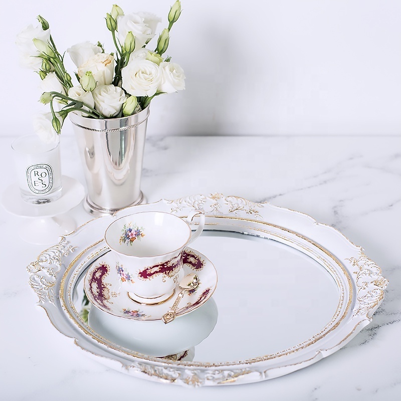 luxury candle chocolate round gold wedding serving trays with handles european resin vanity mirror tray for perfume home decor