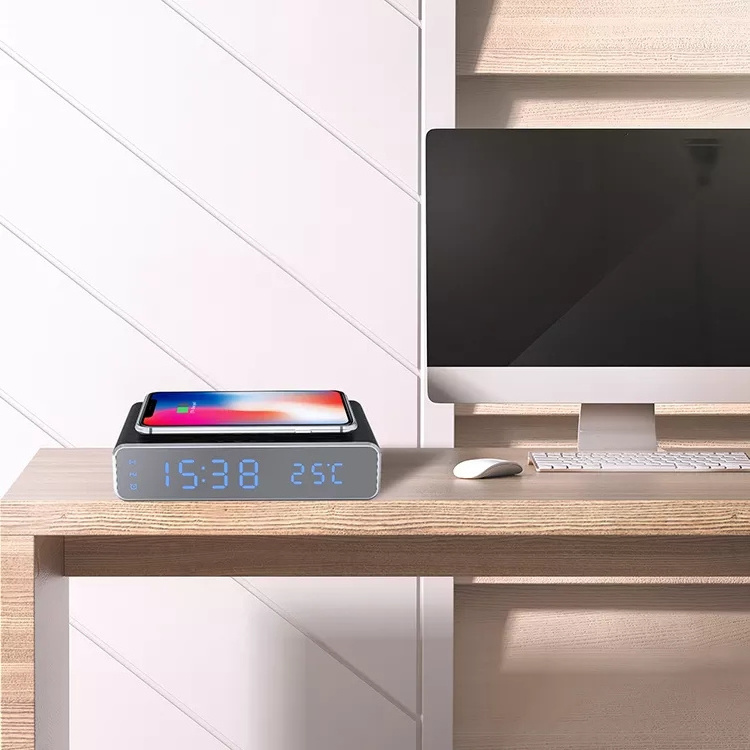 Smart Wireless Charging Led Temperature Display Digital Alarm Clock QI 5W 10W W258 Wireless Charger For Bedroom Bedside Office