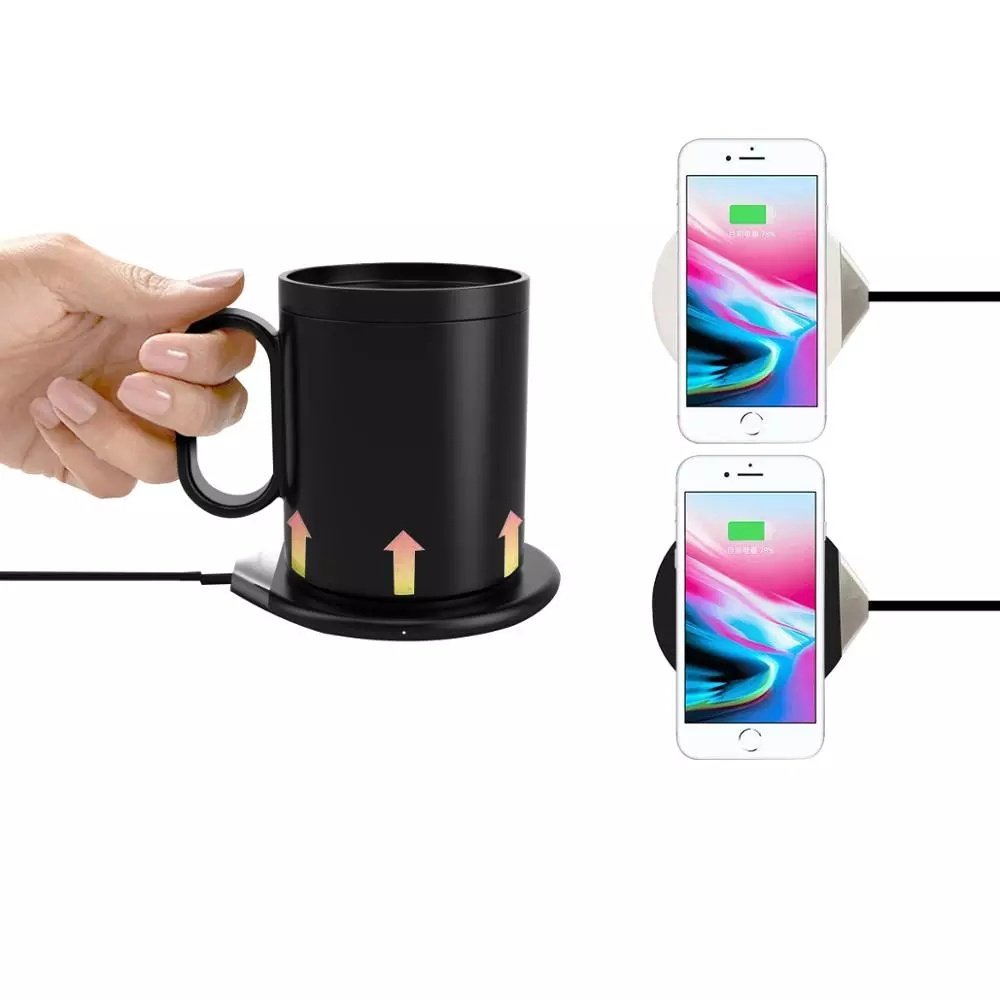 Creative new trending smart temperature control 3 in 1 self heating thermostatic coffee mug cup warmer wireless charger 5W 10W