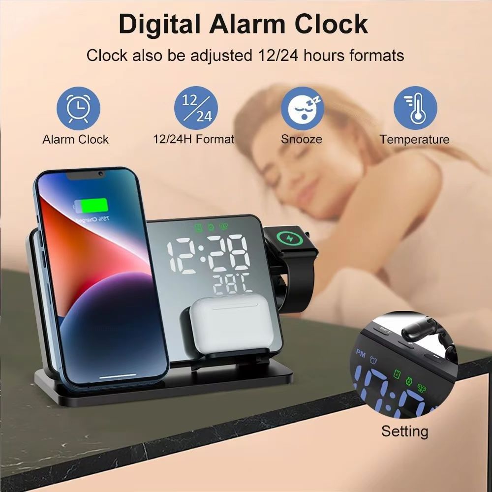 Multifunctional Clock Wireless Charger Hot Selling 15W 4 in 1 LED Clock Foldable Fast Phone Wireless Charger for iPhone iWatch