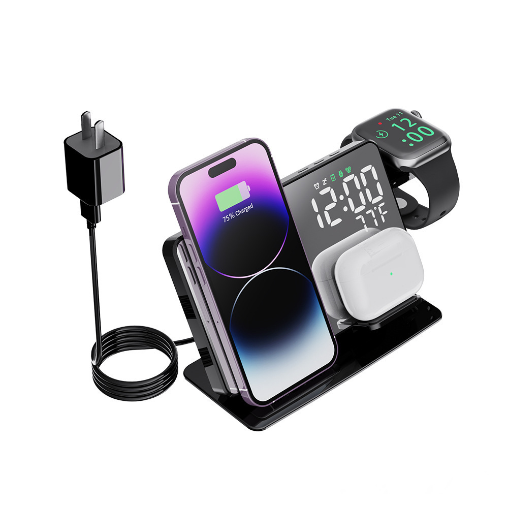 Multifunctional Clock Wireless Charger Hot Selling 15W 4 in 1 LED Clock Foldable Fast Phone Wireless Charger for iPhone iWatch